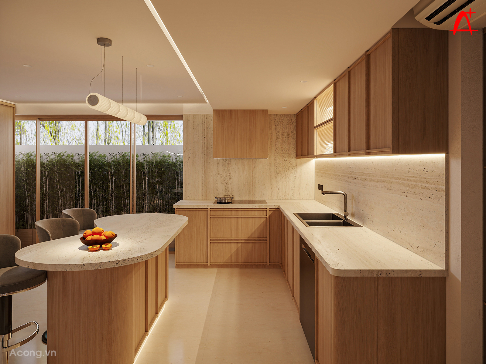 Khu bếp gọn gàng, bố trí hợp lý theo tam giác công năng, sử dụng vật liệu sáng giúp không gian sạch và dễ sử dụng.